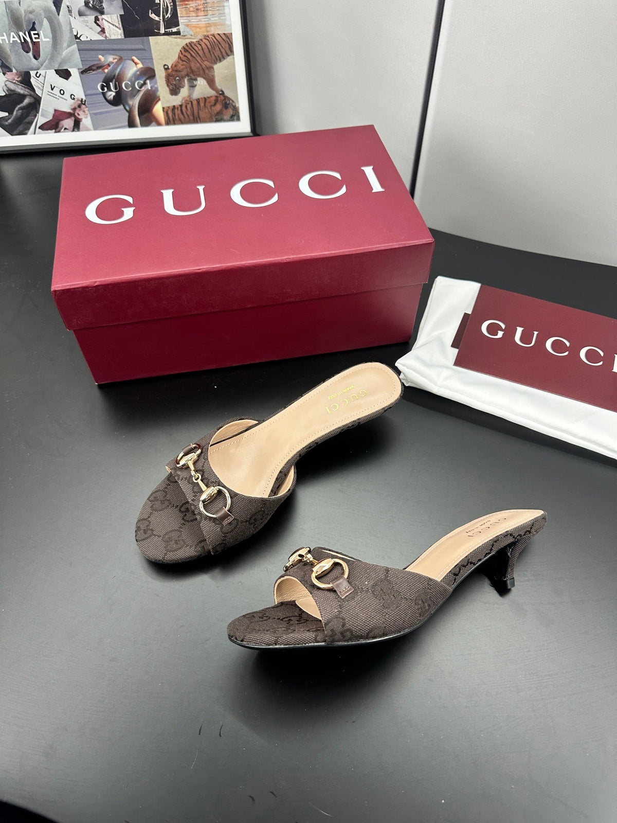 GUCCI 26S HIGH-HEELED SANDALS 50 MM IN DARK BROWN CANVAS mysite