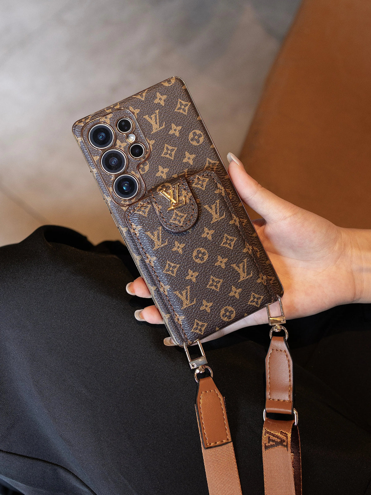 Luxury Monogram Leather Multi-Function Phone Case with Wrist Strap-1 mysite