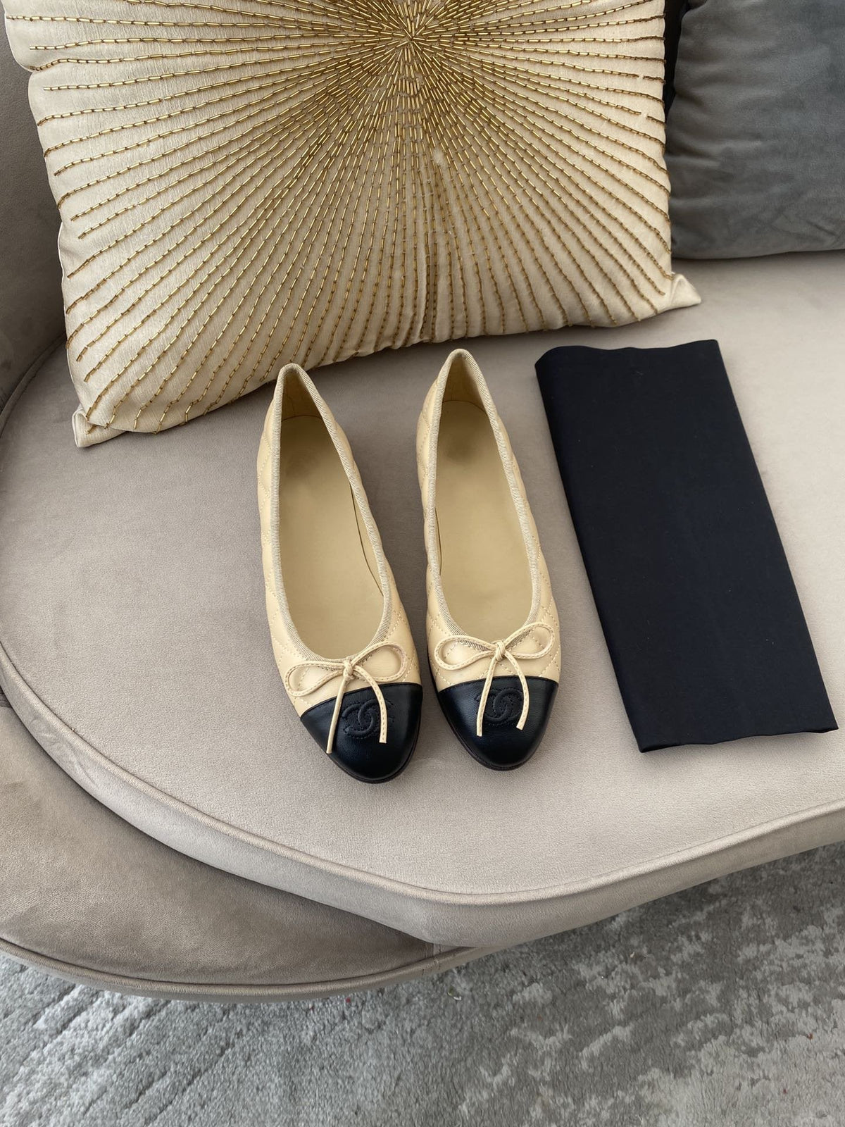 BALLET FLATS BEIGE BLACK QUILTED LAMBSKIN mysite