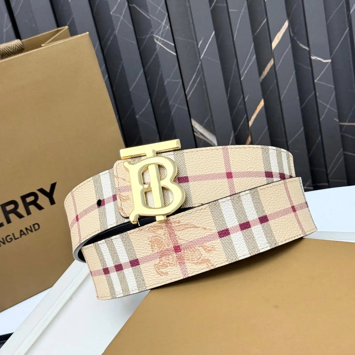 Men‘s Leather Belt TB Monogram Buckle / Check Pattern-1 mysite
