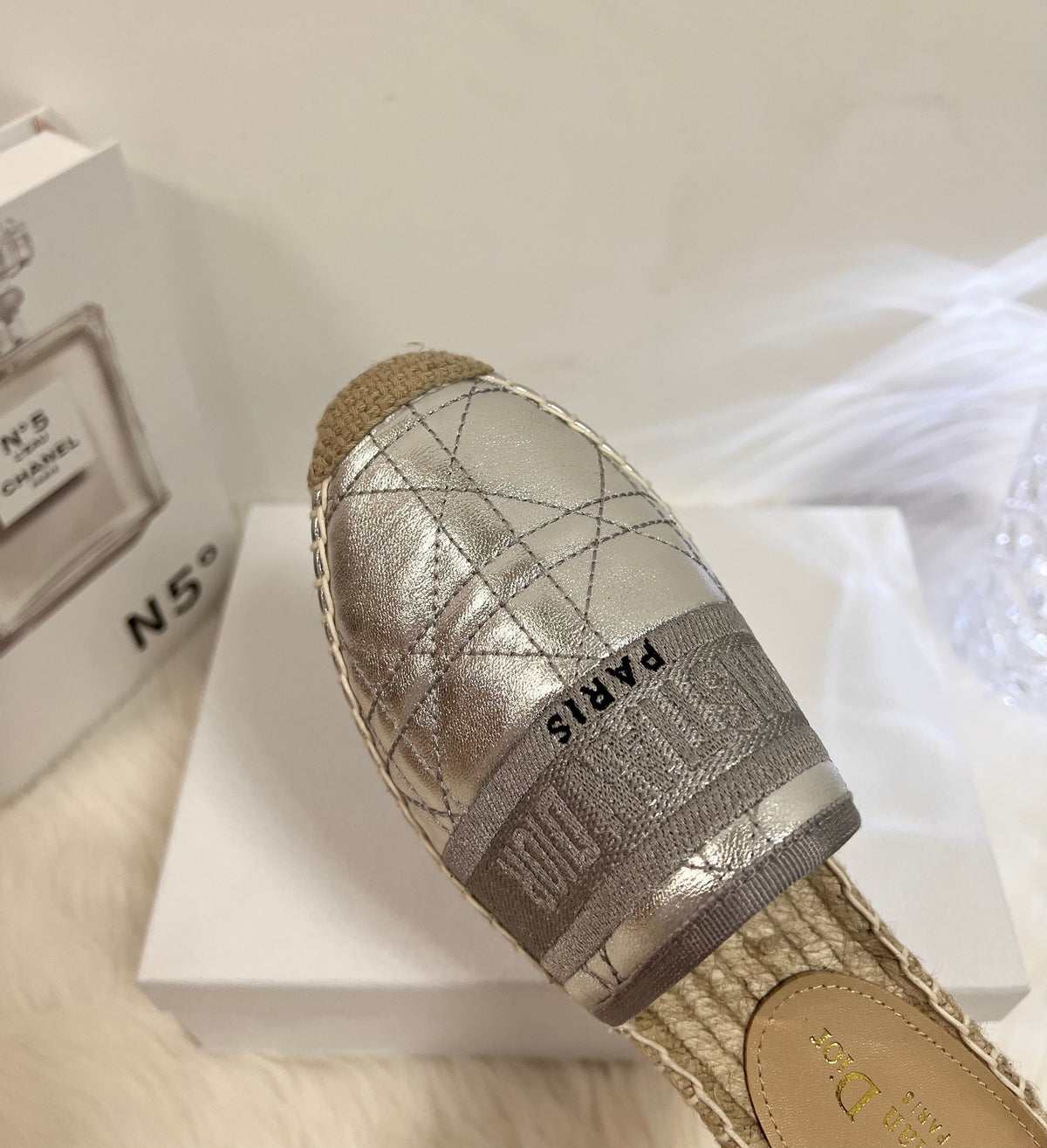 GRANVILLE ESPADRILLE MULE SILVER QUILTED CANNAGE CALFSKIN mysite