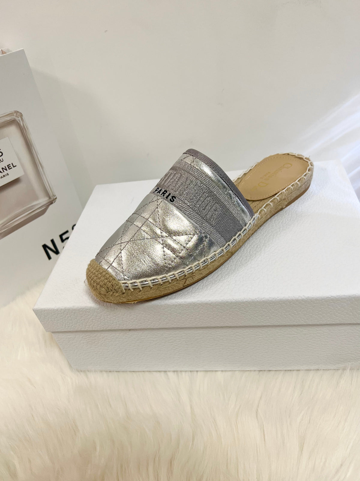 GRANVILLE ESPADRILLE MULE SILVER QUILTED CANNAGE CALFSKIN mysite