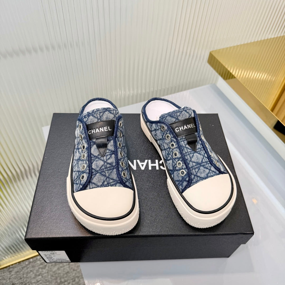 26S MULE SNEAKERS IN NAVY BLUE DIAMOND-PATTERNED WOVEN DENIM FABRIC mysite