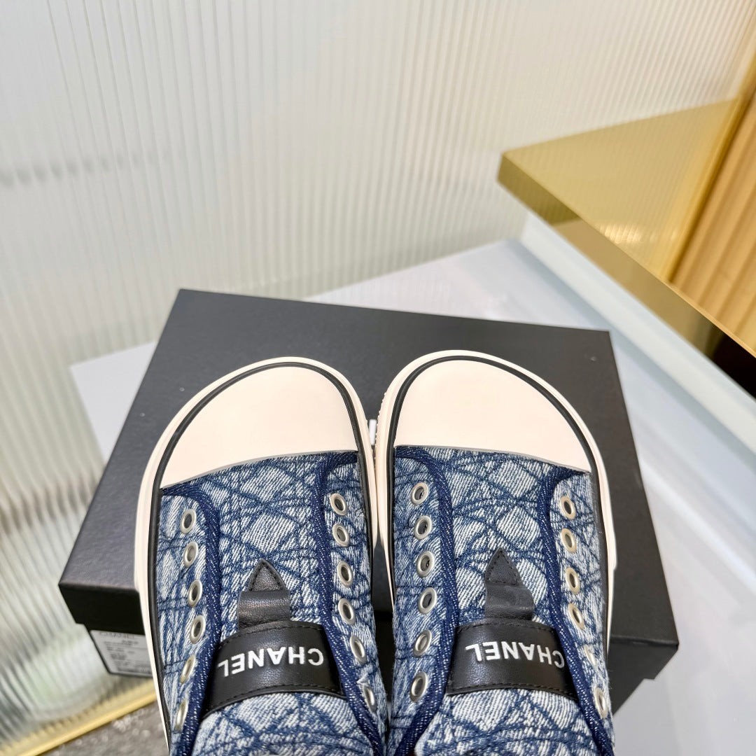 26S MULE SNEAKERS IN NAVY BLUE DIAMOND-PATTERNED WOVEN DENIM FABRIC mysite