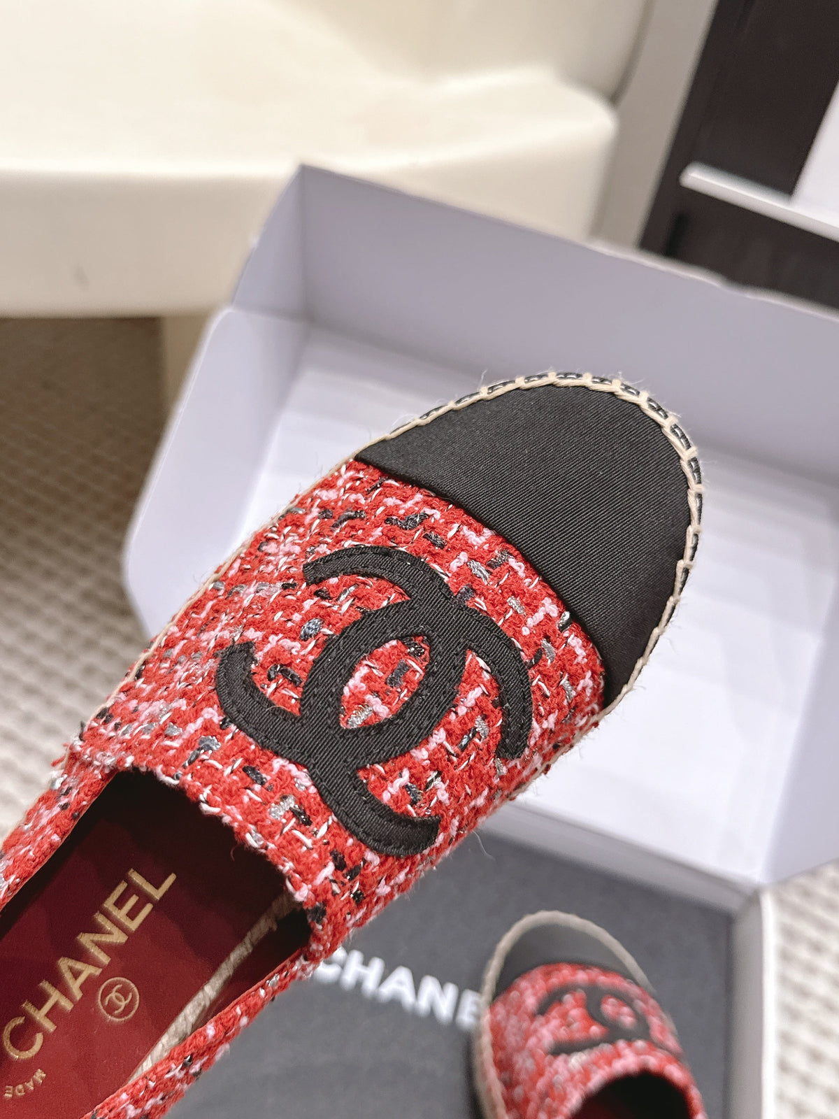CHANEL 26S SLIP ONS IN RED MIX BLACK TWEED AND PATENT CALFSKIN mysite