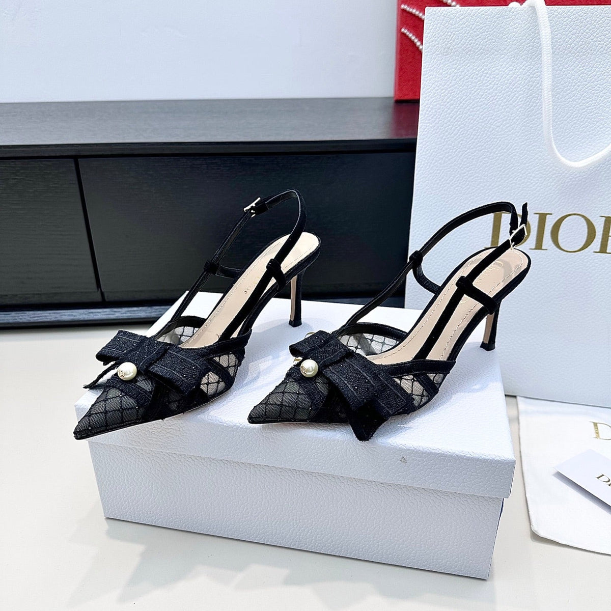 DIOR 26S POINTED TOE HEELED SANDALS 85MM IN BLACK FABRIC WITH PEARL BOW mysite
