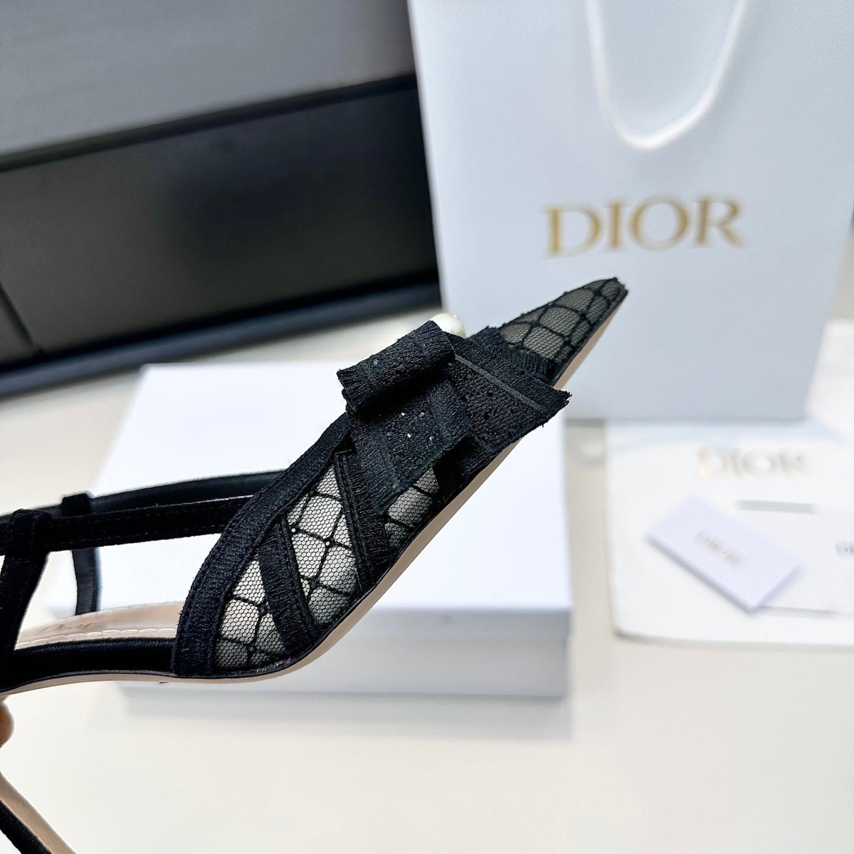 DIOR 26S POINTED TOE HEELED SANDALS 85MM IN BLACK FABRIC WITH PEARL BOW mysite