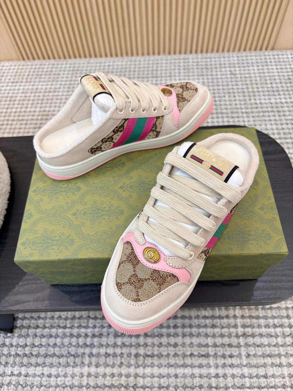 GUCCI 26S BACKLESS SNEAKERS IN BROWN CANVAS AND BEIGE LEATHER mysite