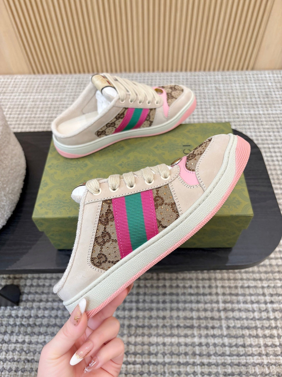 GUCCI 26S BACKLESS SNEAKERS IN BROWN CANVAS AND BEIGE LEATHER mysite