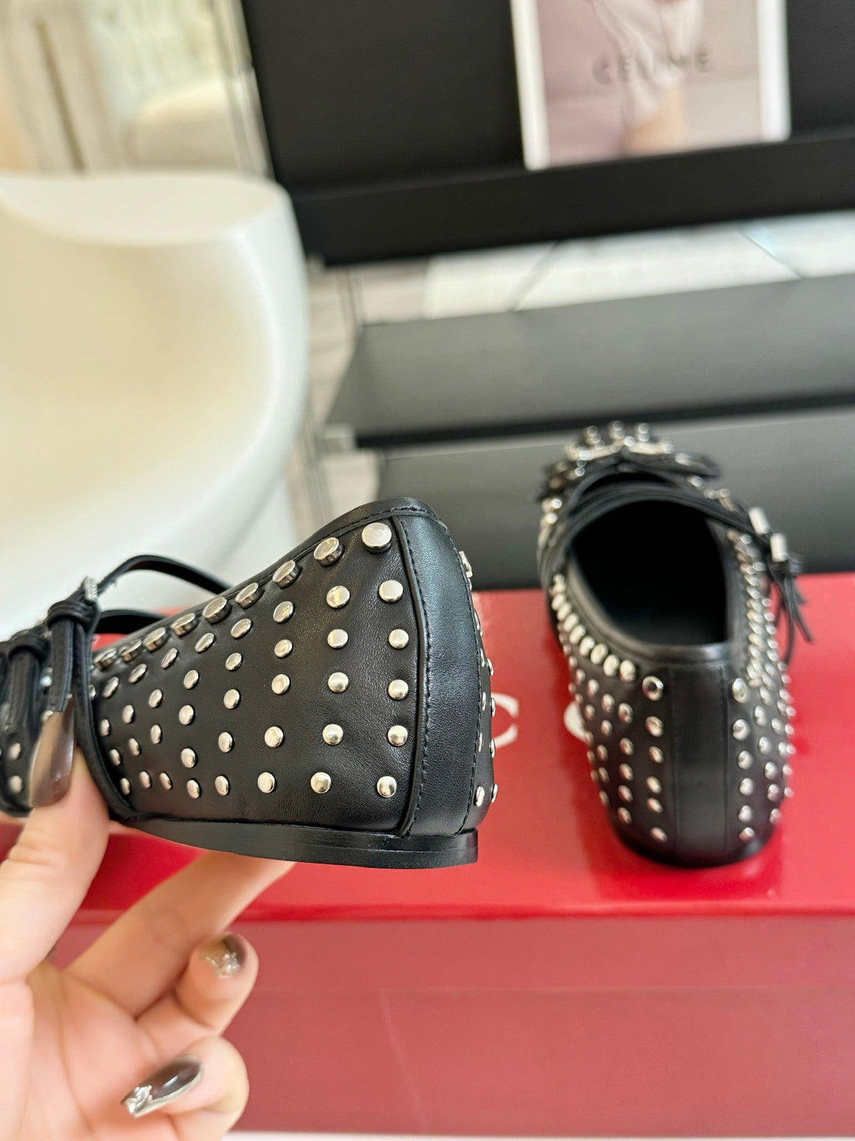 GG RIVETS BALLET FLAT BLACK HORIZONTAL STRAPS LAMBSKIN mysite
