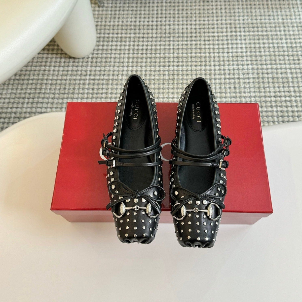 GG RIVETS BALLET FLAT BLACK HORIZONTAL STRAPS LAMBSKIN mysite