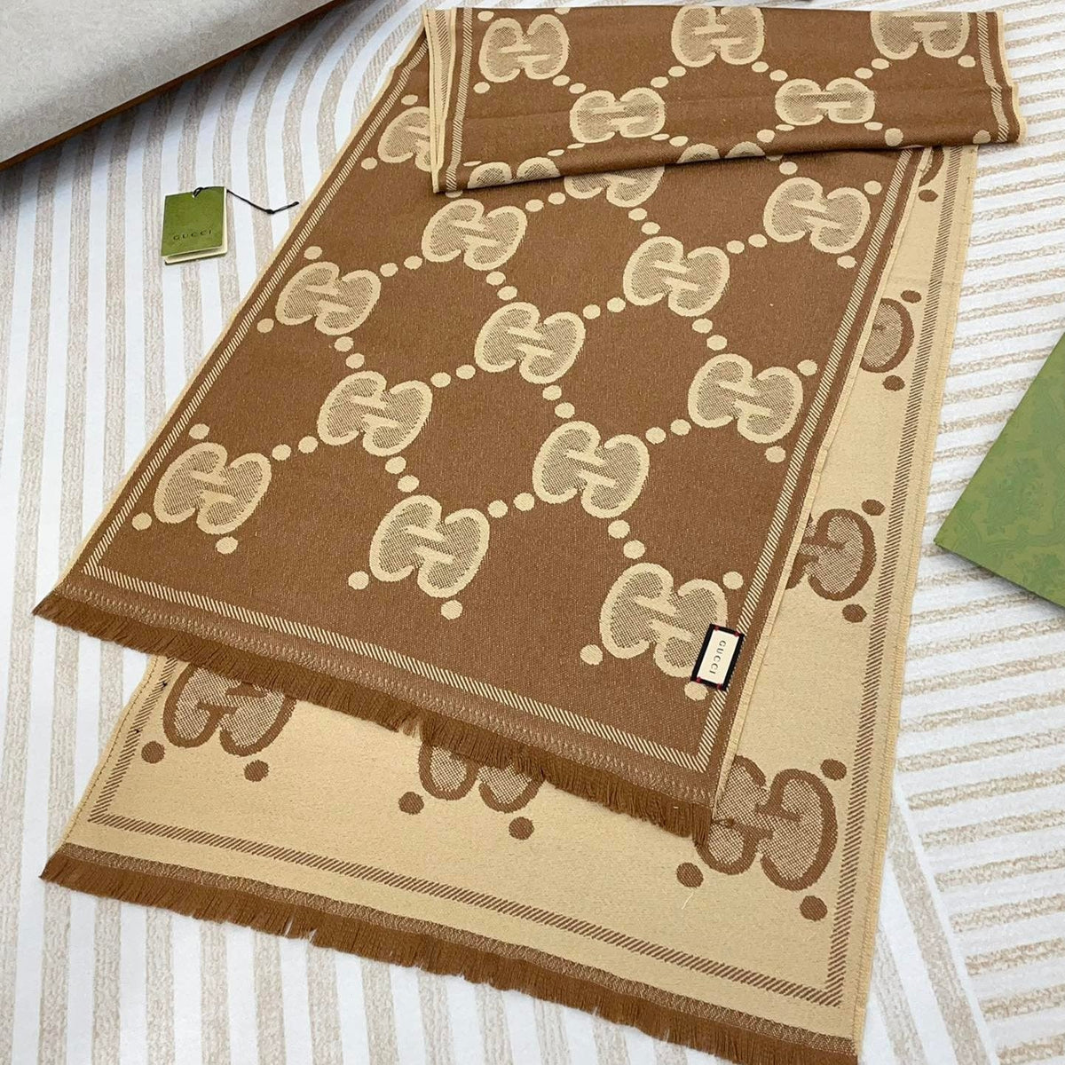 DOUBLE-SIDED SCARF 200 CM IN COFFEE AND TAN BROWN WOOL AND SILK  398287 mysite