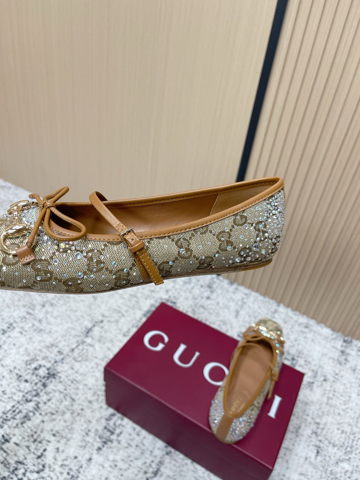 GUCCI 26S BALLET FLATS IN DARK BEIGE CANVAS WITH CRYSTALS mysite
