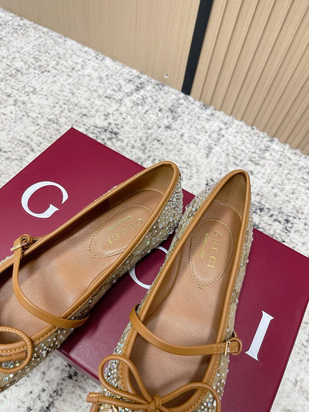 GUCCI 26S BALLET FLATS IN DARK BEIGE CANVAS WITH CRYSTALS mysite