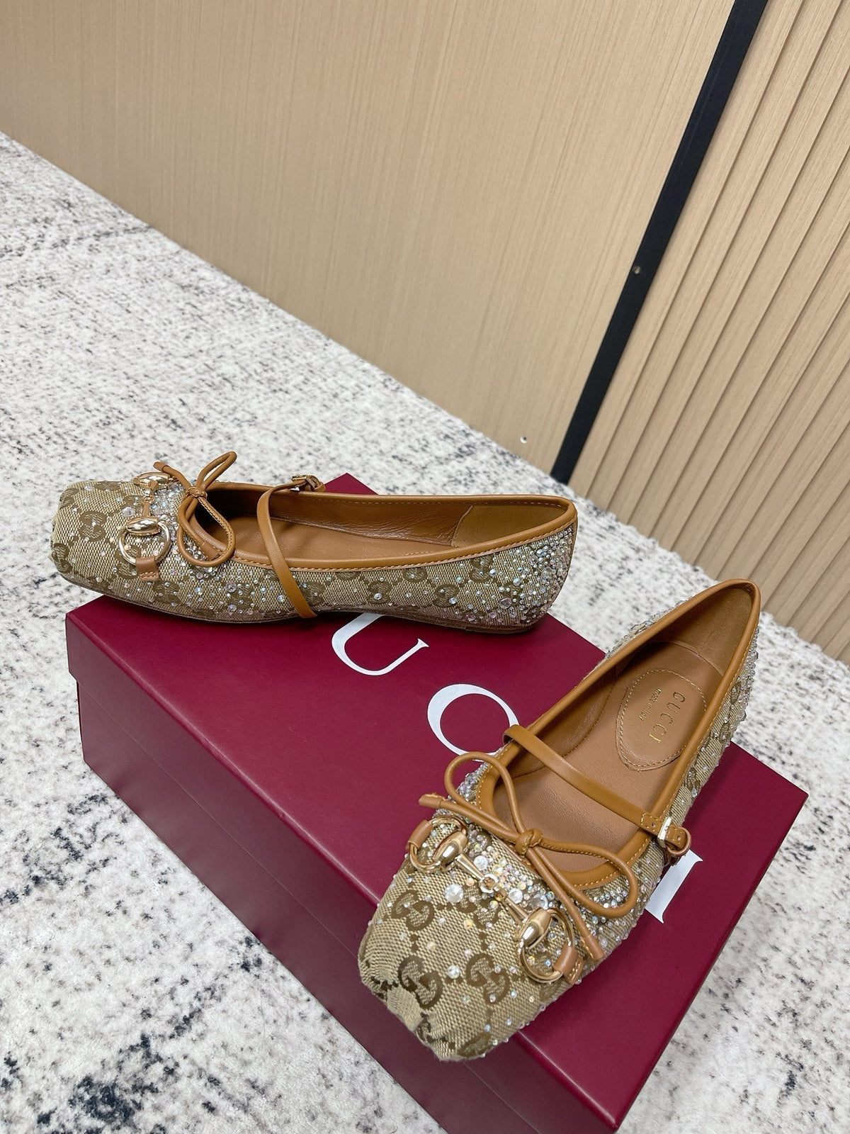 GUCCI 26S BALLET FLATS IN DARK BEIGE CANVAS WITH CRYSTALS mysite