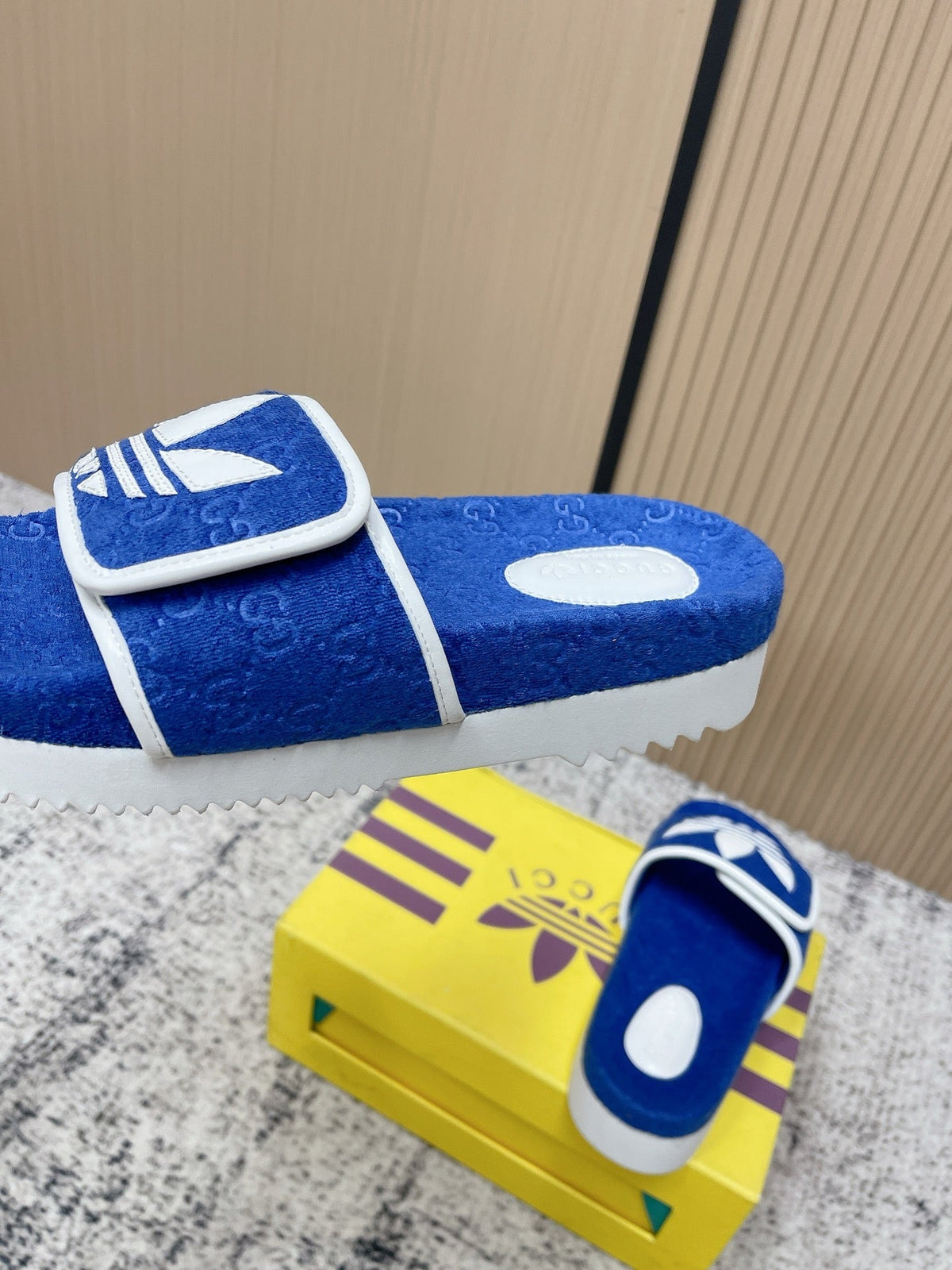 GUCCI 26S PLATFORM SLIDE SANDALS IN DARK BLUE FABRIC mysite