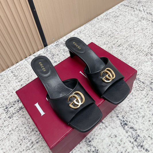 26S GG LOGO HIGH-HEEL MULES IN BLACK CALFSKIN mysite