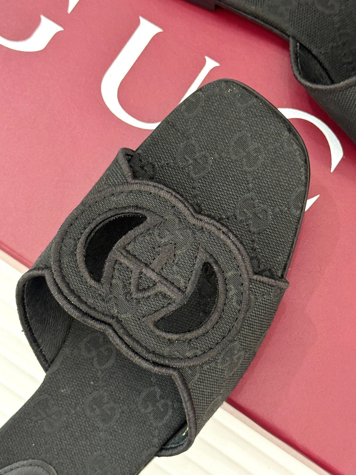 SLIDE SANDALS IN BLACK FABRIC EMBOSSED LOGO STYLE 1 mysite