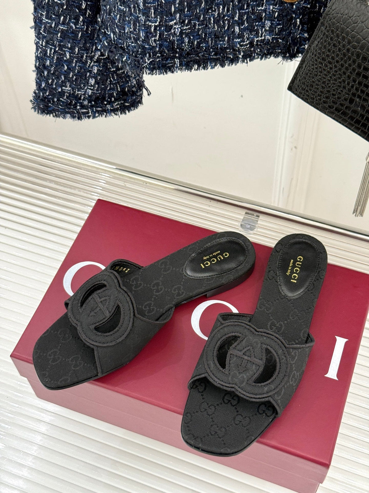 SLIDE SANDALS IN BLACK FABRIC EMBOSSED LOGO STYLE 1 mysite