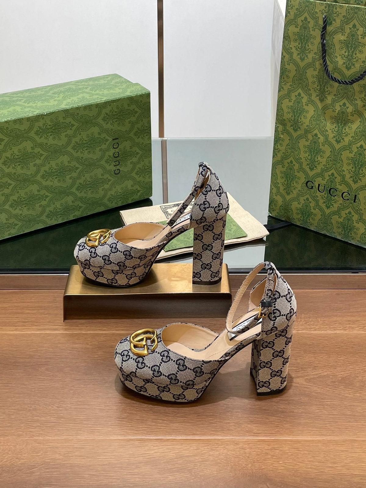 GG HIGH SANDAL 11.5 CM IN BLACK MIX BEIGE MONOGRAM JACQUARD FABRIC mysite