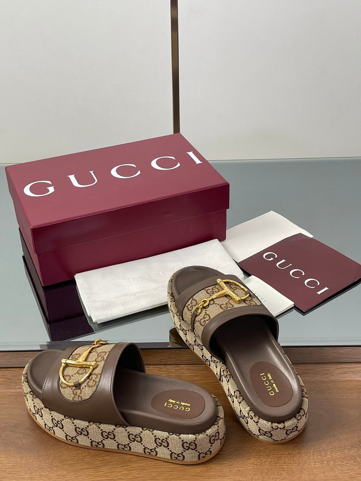 HIGH 5.5 CM WEDGE SANDALS IN BROWN MIX BEIGE CALFSKIN AND FABRIC mysite
