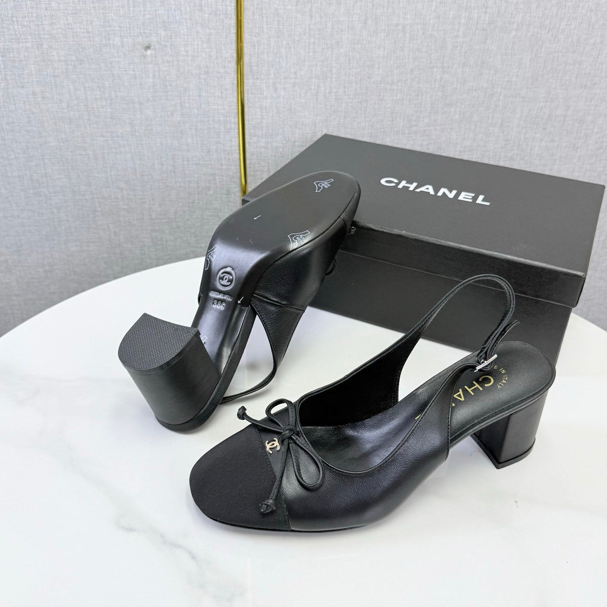 CHANEL 26S SLINGBACK HEELS 45 MM IN BLACK LAMBSKIN AND FABRIC mysite