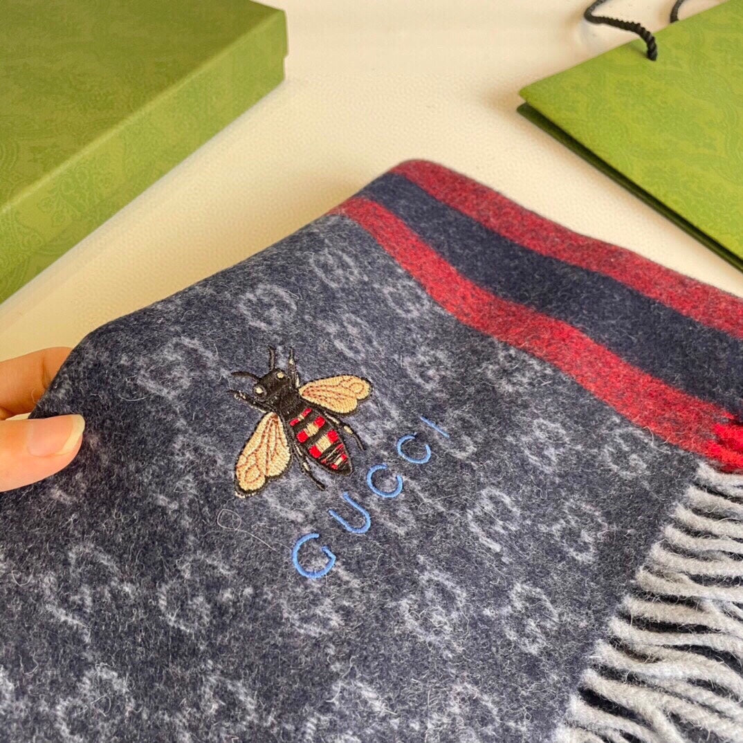 STRIPED SCARF 200 CM IN DARK GRAY CASHMERE WITH EMBROIDERED BEE 398533 mysite