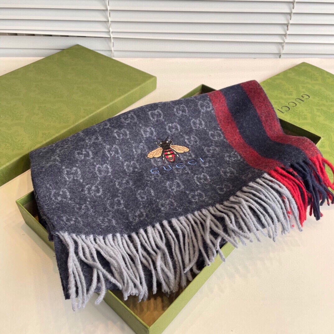 STRIPED SCARF 200 CM IN DARK GRAY CASHMERE WITH EMBROIDERED BEE 398533 mysite