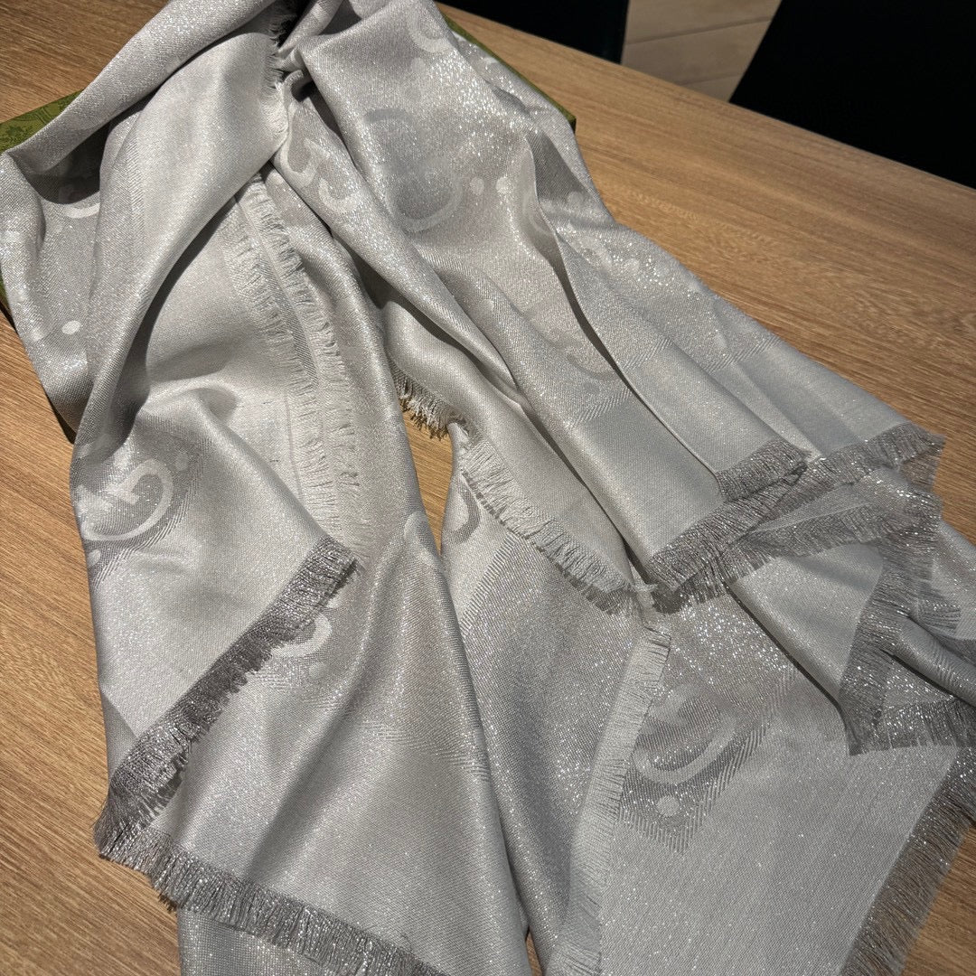 JACQUARD SILK WOOL SHAWL 140 CM SILVER GRAY 401259 mysite