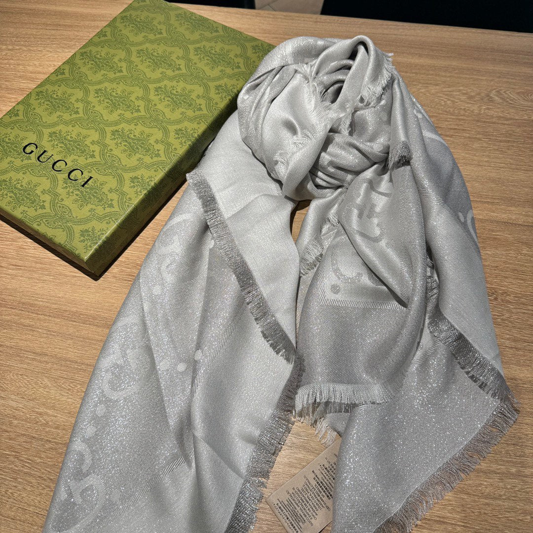 JACQUARD SILK WOOL SHAWL 140 CM SILVER GRAY 401259 mysite