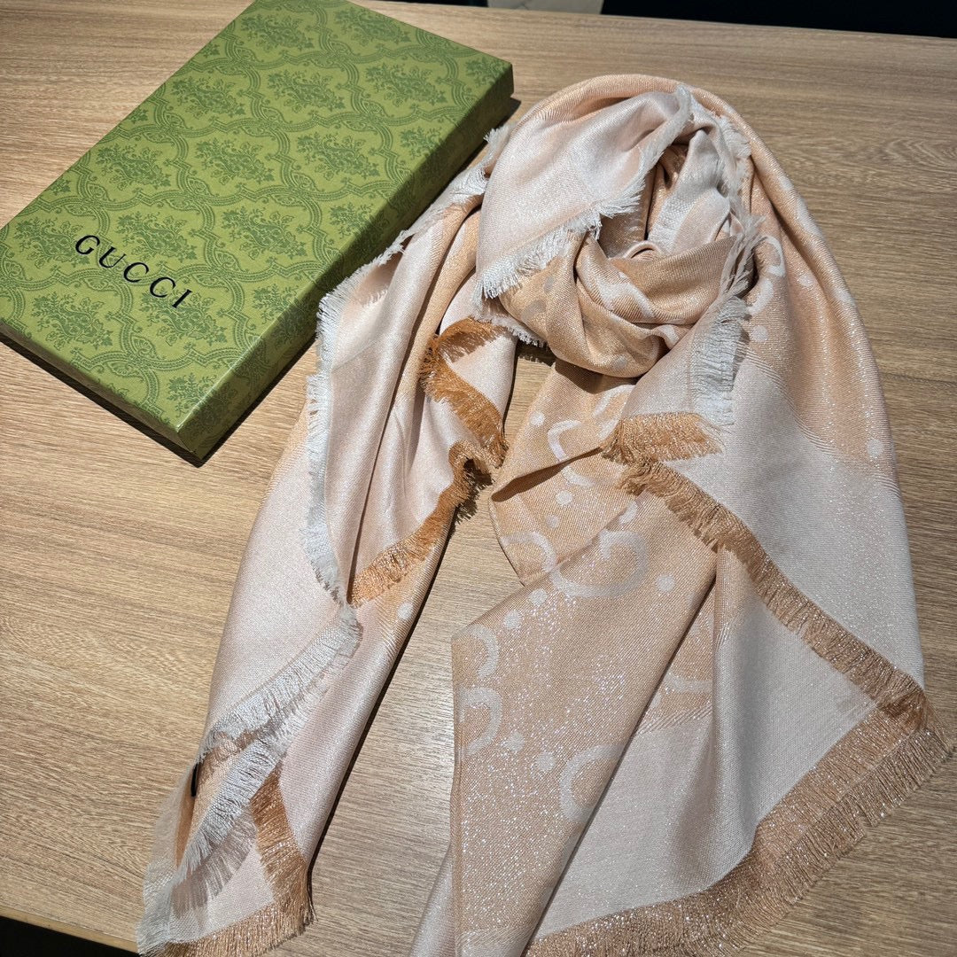 JACQUARD SILK WOOL SHAWL 140 CM BISQUE BEIGE 401261 mysite