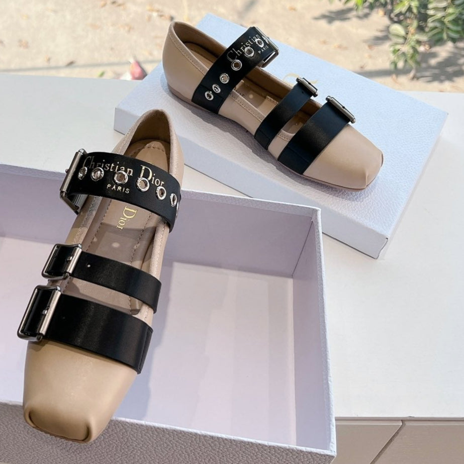 PUNK BALLET FLAT IN CAMEL BEIGE MIX BLACK SUPPLE CALFSKIN mysite