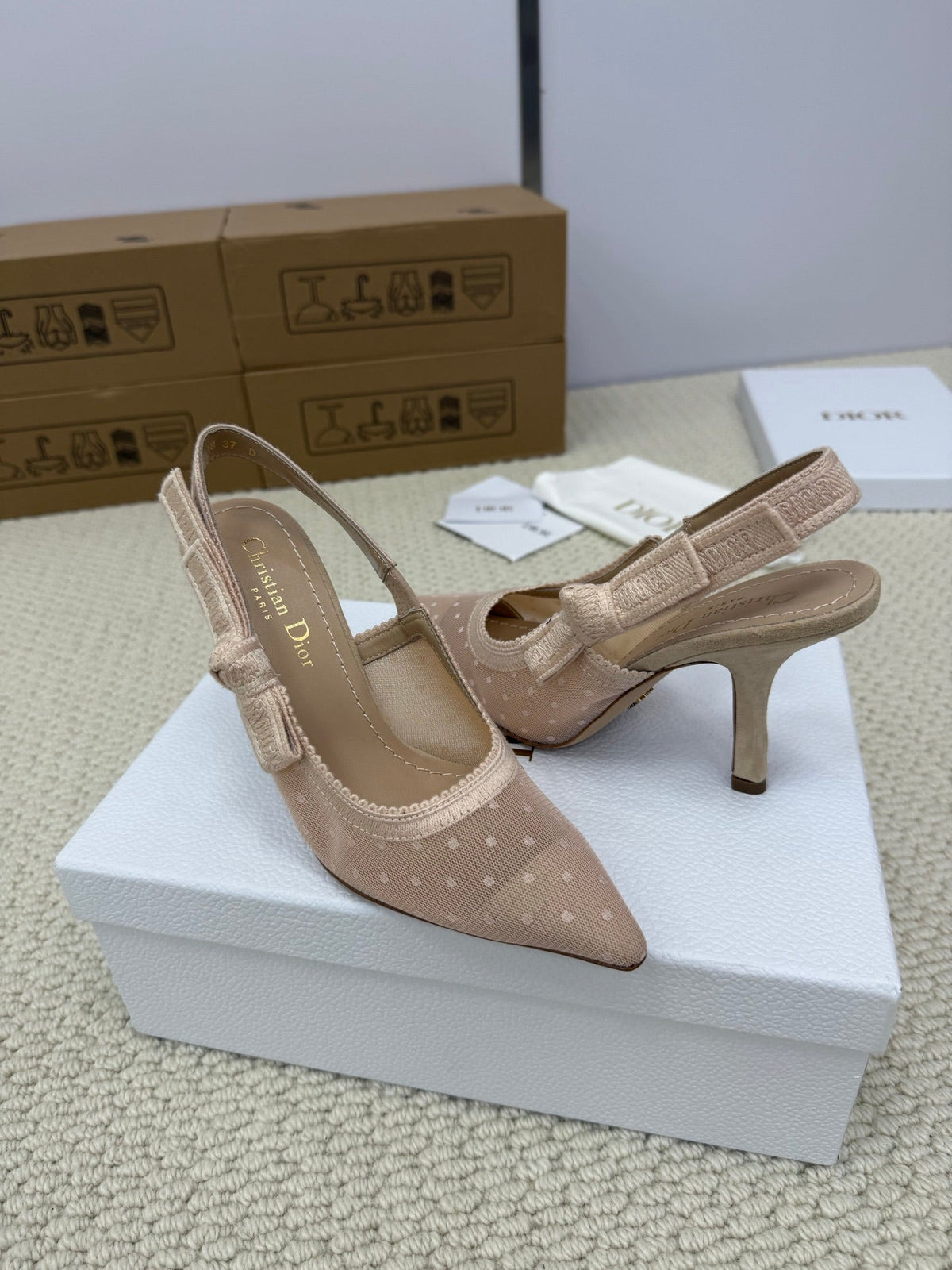 DIOR HIGH SLINGBACK 100 MM 25S IN NUDE LACE NET FABRIC AND SUEDE mysite