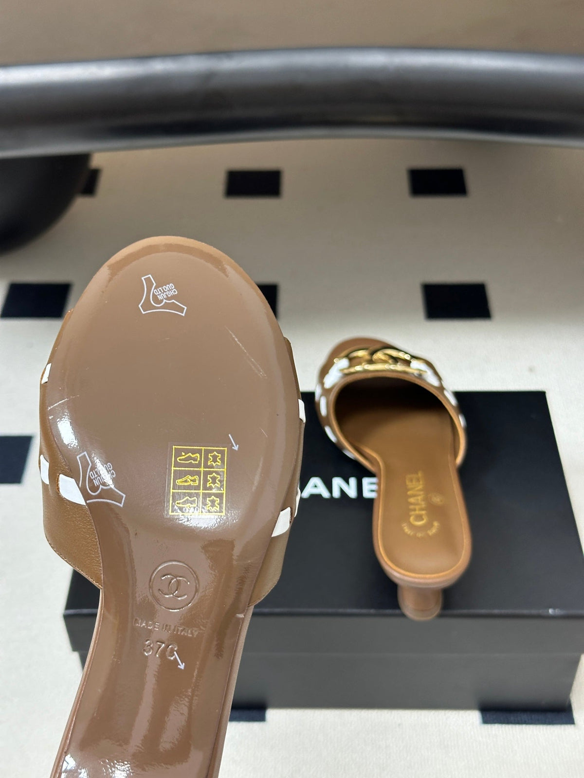 CHANEL 26S HIGH HEEL MULE IN BROWN LAMBSKIN WITH GOLD TONE CC LOGO mysite