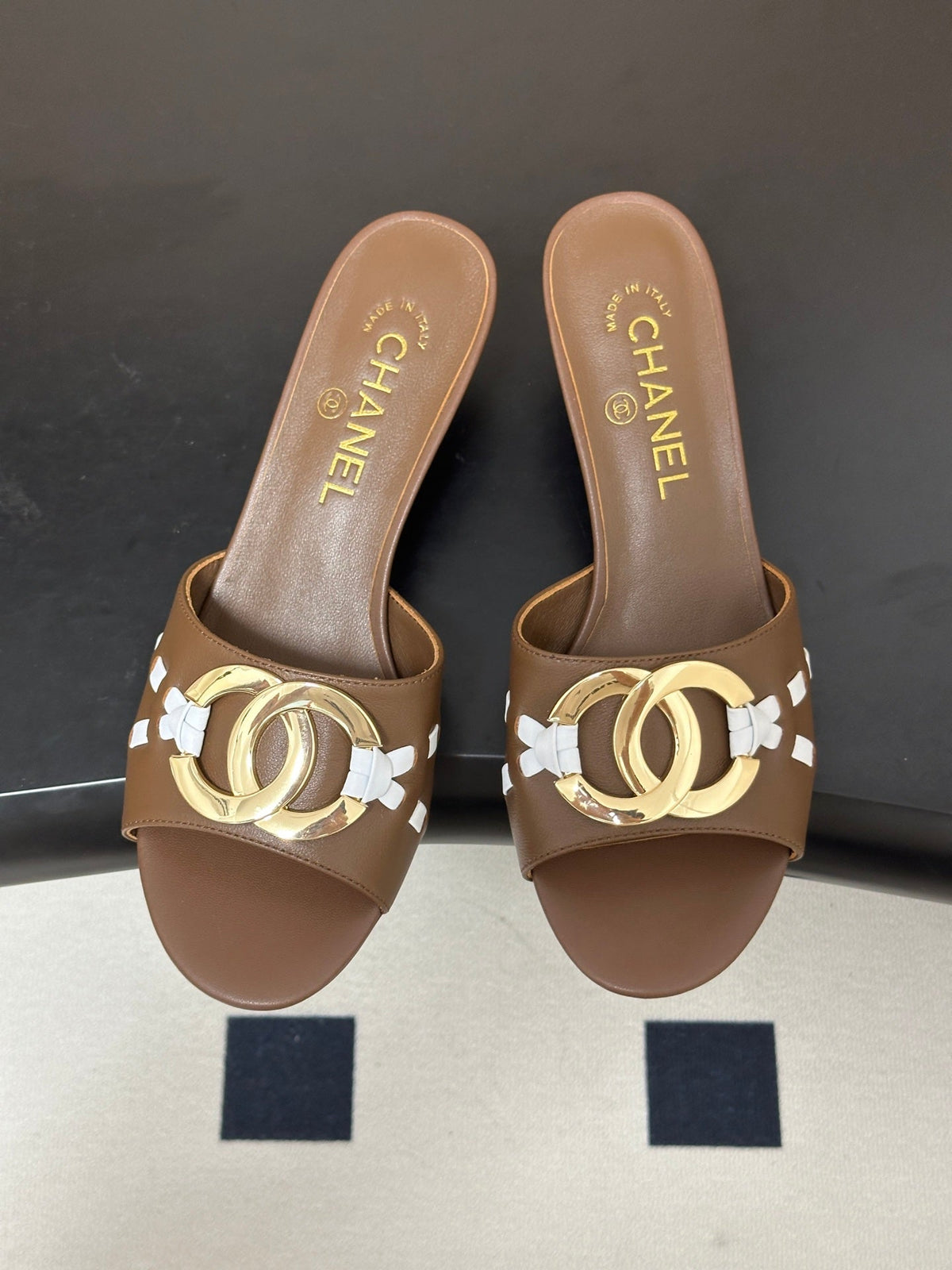 CHANEL 26S HIGH HEEL MULE IN BROWN LAMBSKIN WITH GOLD TONE CC LOGO mysite