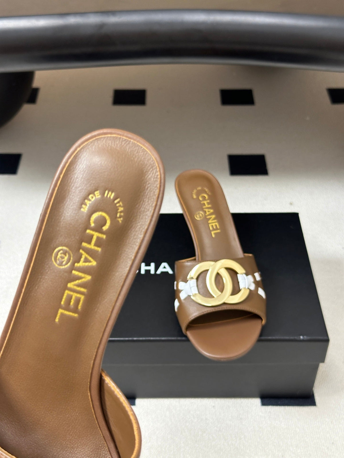 CHANEL 26S HIGH HEEL MULE IN BROWN LAMBSKIN WITH GOLD TONE CC LOGO mysite