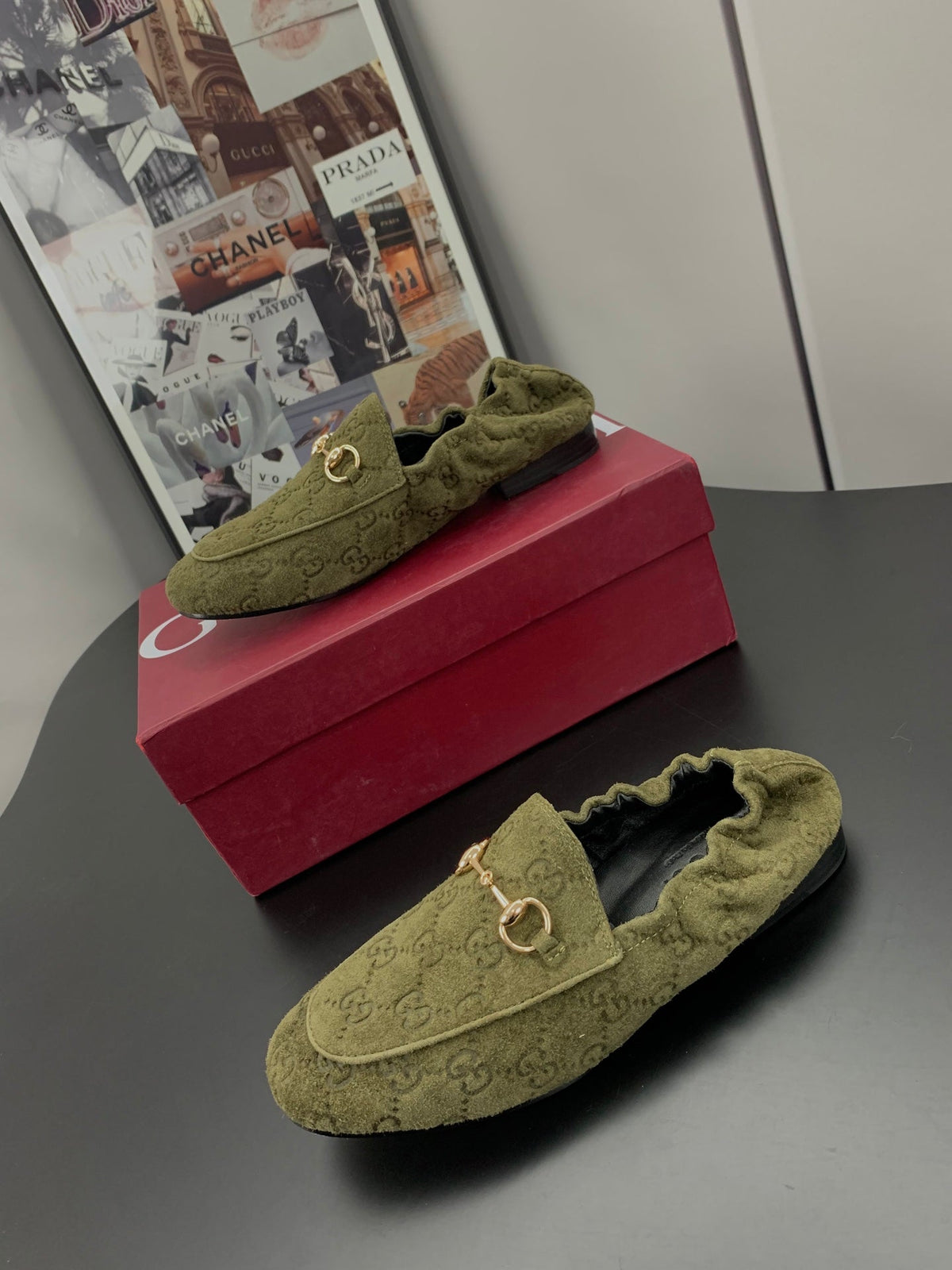 26S LOAFERS IN MOSS GREEN SUEDE WITH GOLD HARDWARE mysite