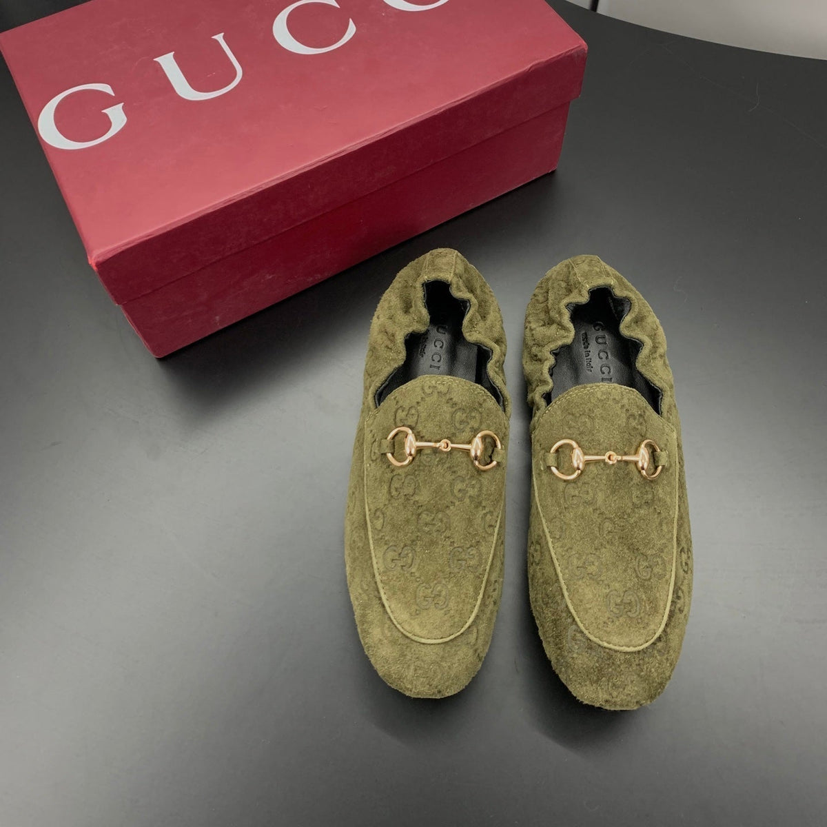 26S LOAFERS IN MOSS GREEN SUEDE WITH GOLD HARDWARE mysite