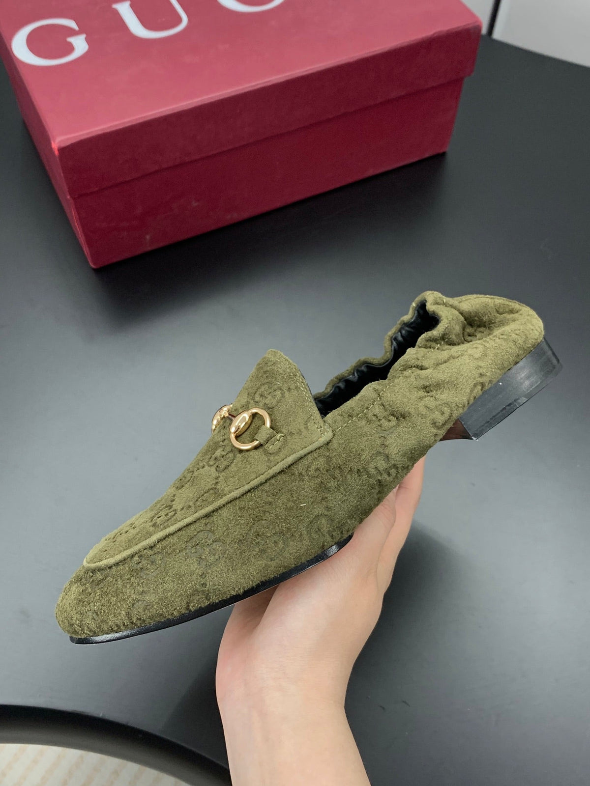 26S LOAFERS IN MOSS GREEN SUEDE WITH GOLD HARDWARE mysite