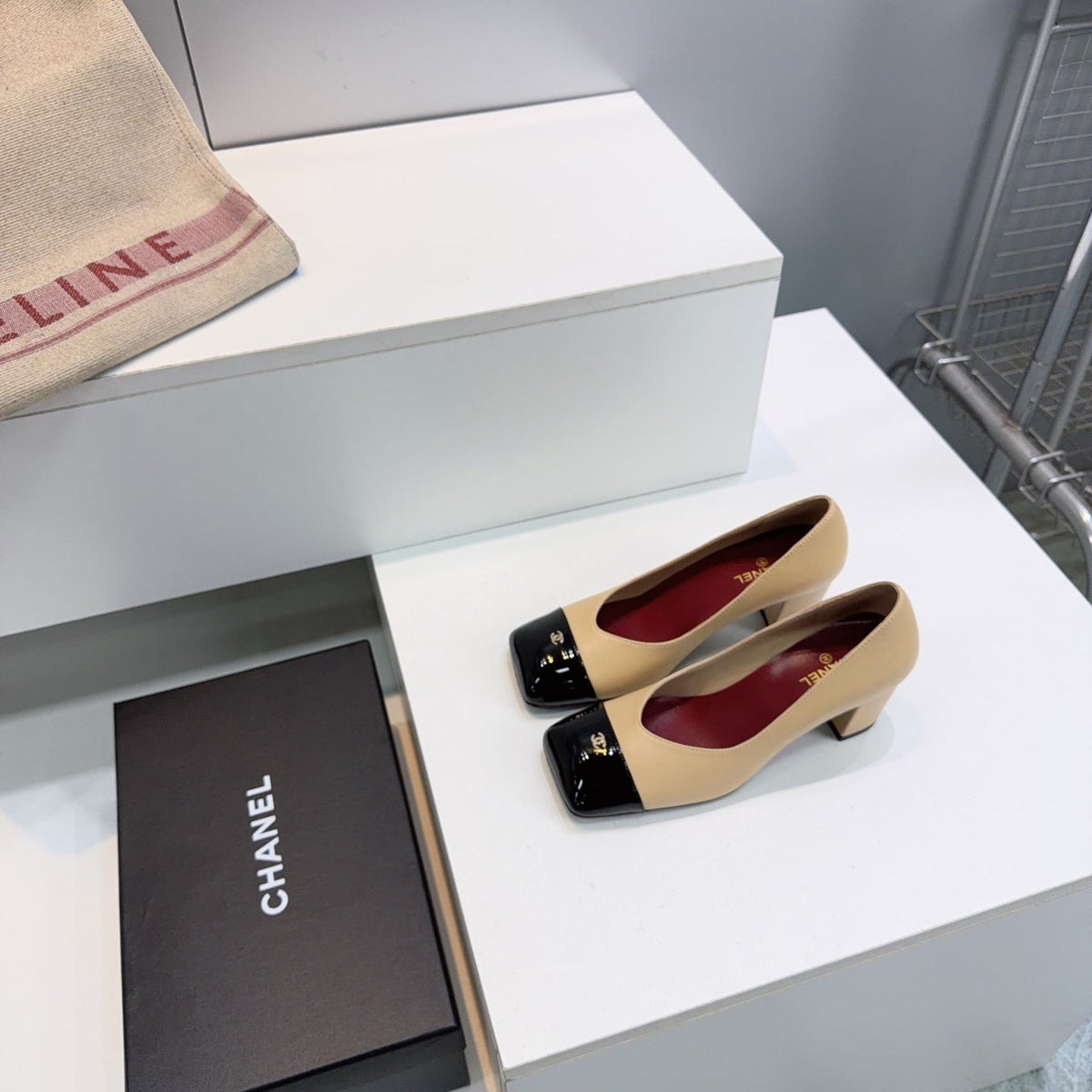 CHANEL 26S SQUARE-TOE HIGH HEELS 55 MM IN BEIGE LAMBSKIN WITH BLACK CAP TOE mysite