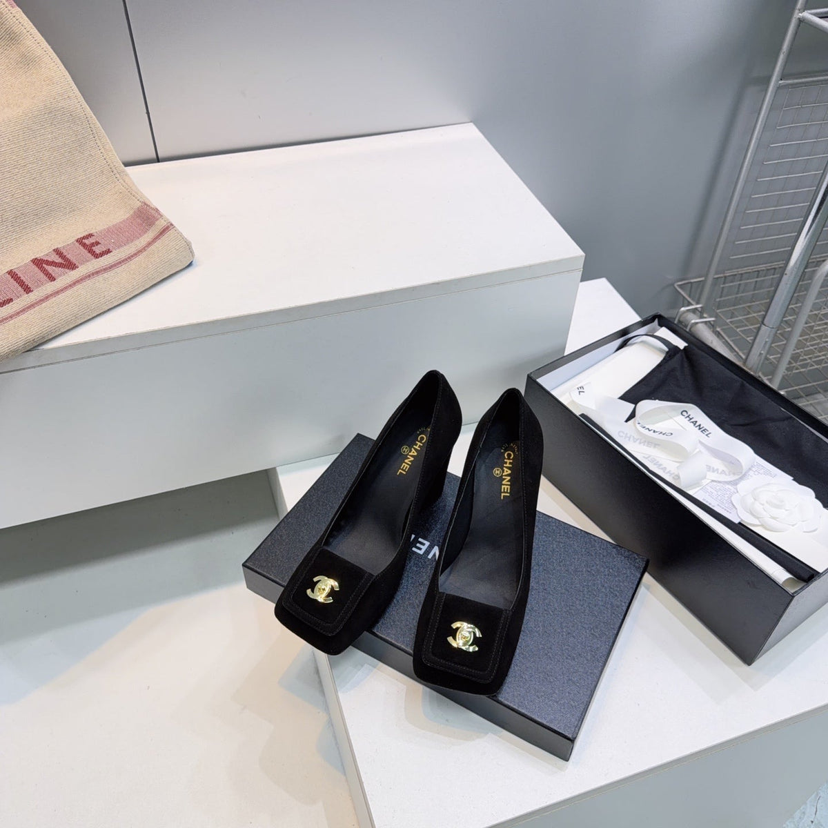 CHANEL 26S SQUARE-TOE HIGH HEELS 95 MM IN BLACK SUEDE mysite