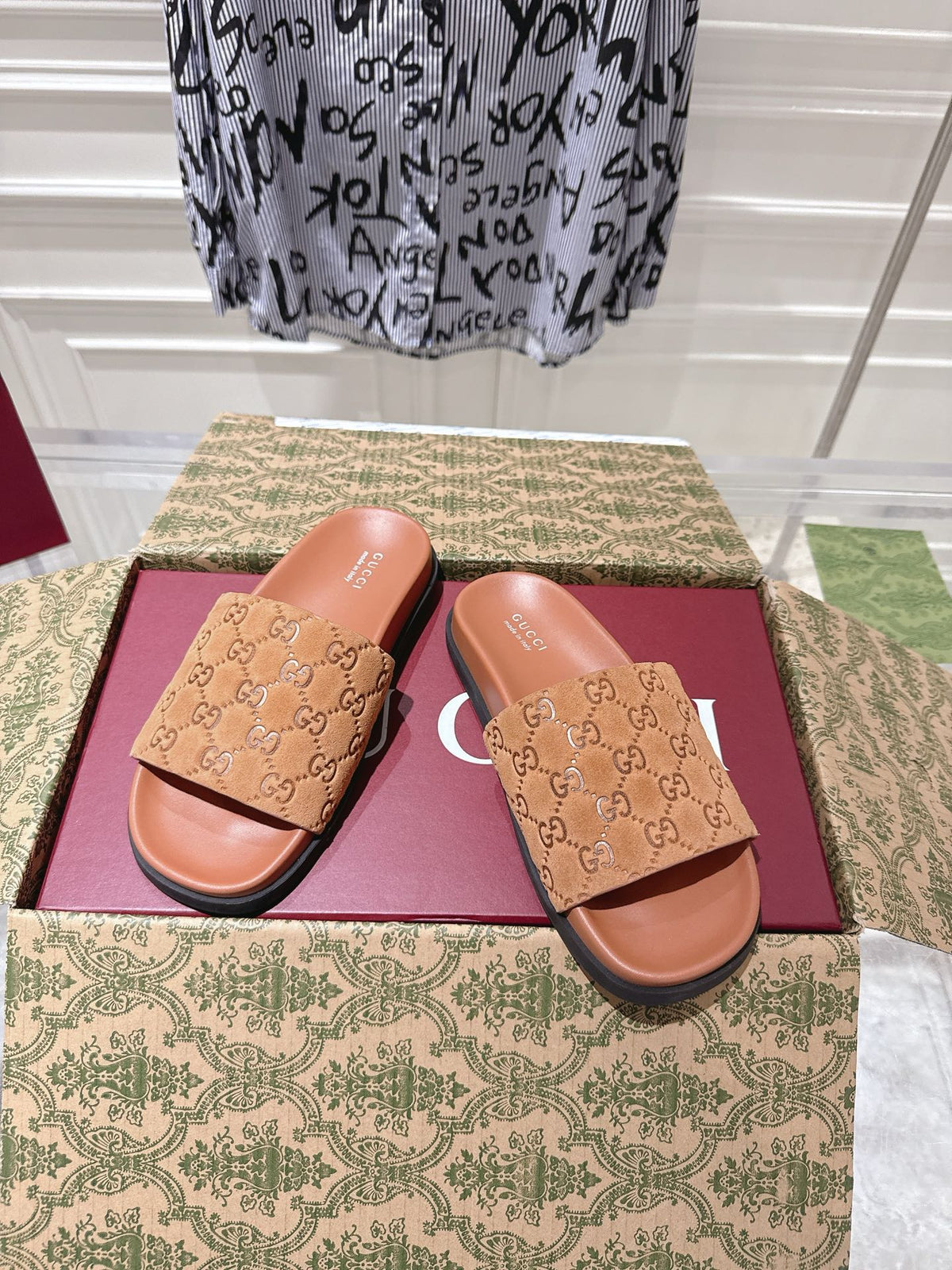 GG SLIDES IN BURNT ORANGE SUEDE WITH EMBOSSED LOGO STYLE 5 mysite