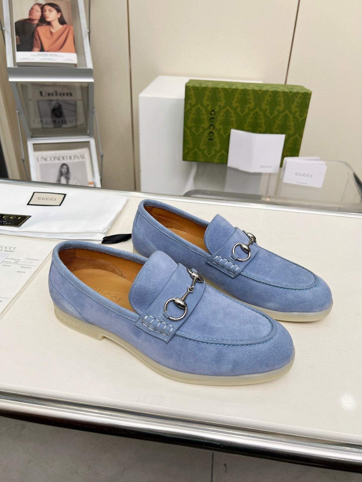 LOAFERS WITH SILVER HARDWARE IN CORNFLOWER BLUE SUEDE mysite