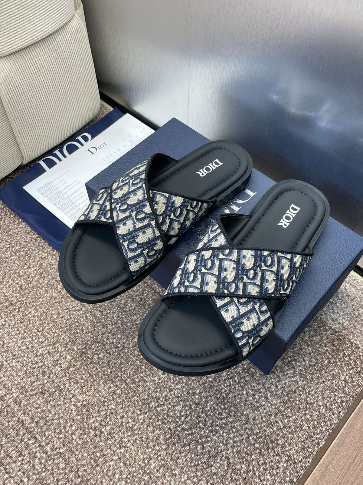 DIOR 25S ALIAS CROSS-STRAP SLIDES IN BLACK CALFSKIN WITH CD OBLIQUE DEEP BLUE LOGO mysite