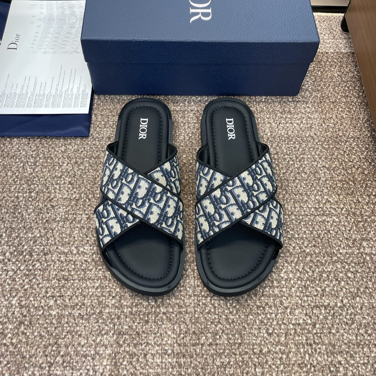 DIOR 25S ALIAS CROSS-STRAP SLIDES IN BLACK CALFSKIN WITH CD OBLIQUE DEEP BLUE LOGO mysite