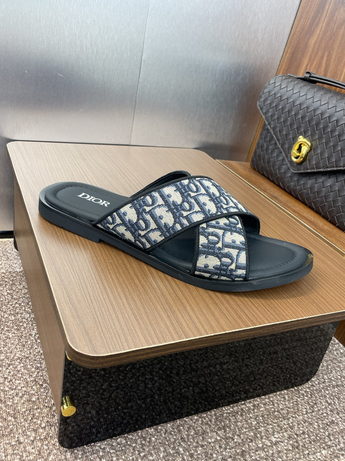 DIOR 25S ALIAS CROSS-STRAP SLIDES IN BLACK CALFSKIN WITH CD OBLIQUE DEEP BLUE LOGO mysite